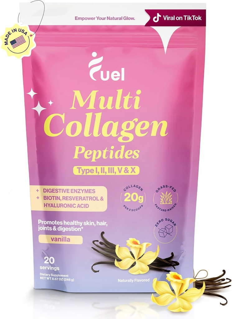 Fuel Multi Collagen Peptider Powder - 20g Hydrolyzed Collagen I, II, III, V & X til hår, hud, negle & fælles støtte - bedre absorption - Keto & Gluten Free, Fransk Vanila 8.67oz