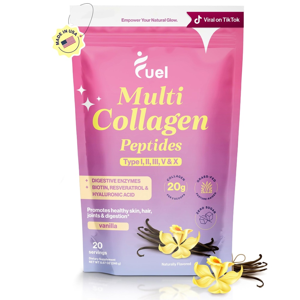 Fuel Multi Collagen Peptider Powder - 20g Hydrolyzed Collagen I, II, III, V & X til hår, hud, negle & fælles støtte - bedre absorption - Keto & Gluten Free, Fransk Vanila 8.67oz