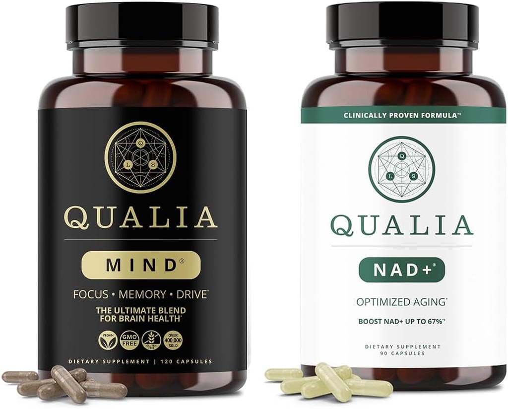 Qualia Life Sciences Bundle Qualia Mind & Qualia NAD + Top Brain Supplement Capsule for Memory, Focus, og koncentrering, Kan boost NAD + Niveauer op til 50%