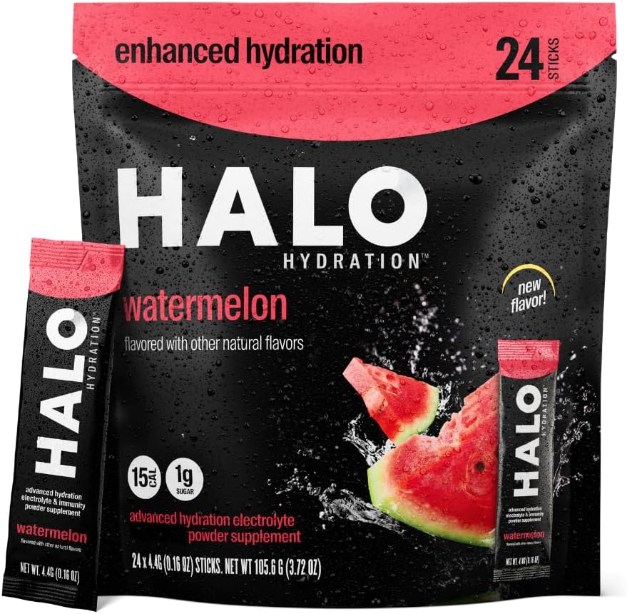 Halo Hydration - Electrolyte Drink Mix 124; Hydration Powder Packets • 124; Vandmelon Flavor - til Sport og Cykling • 124; Easy Open Single Serving Stick (24 Pack)