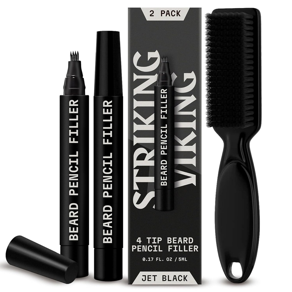 Striking Viking Beard Pencil Filler for Men - Pack of 2, Jet Black - Waterproof Long-Lasting Beard Pen - 4-Pronged Tip for Gap Repair & Barber Pencil - Soft Bristle Brush & Pen Filler