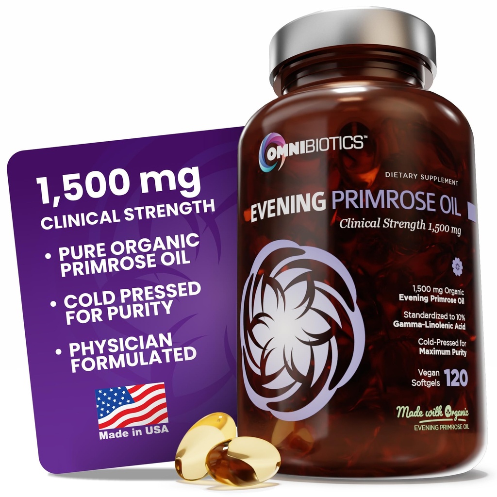 OmniBiotics Organic Evening Primrose Oil for Women - Clinical Strength 1500mg per kapsel, 10% GLA, Cold- presset, Non- GMO, Hormone Balance for Women - 120 Vegan Softgel kapsler