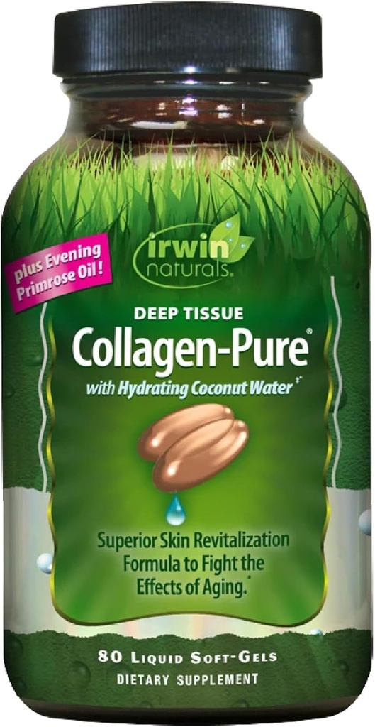 Irwin Naturals Deep Tissue Collagen- Pure - 80 flydende bløddele - Superior hud revitalisering til bekæmpelse af virkningerne af aldring - Inkluderer hydrerende kokos vand & aften Primrose Oil