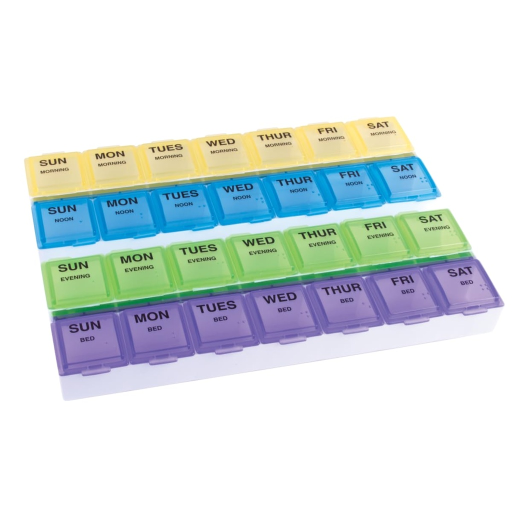 EZY DOSE Weekly (7-dag) Daglig Medtime Pill Case, Medicine Planner, Vitamin Organizer, Supplement og Fish Oil Container, Store kompartmenter med Afrunded Base, 4 gange om dagen, Farvede Lids, BPA Free