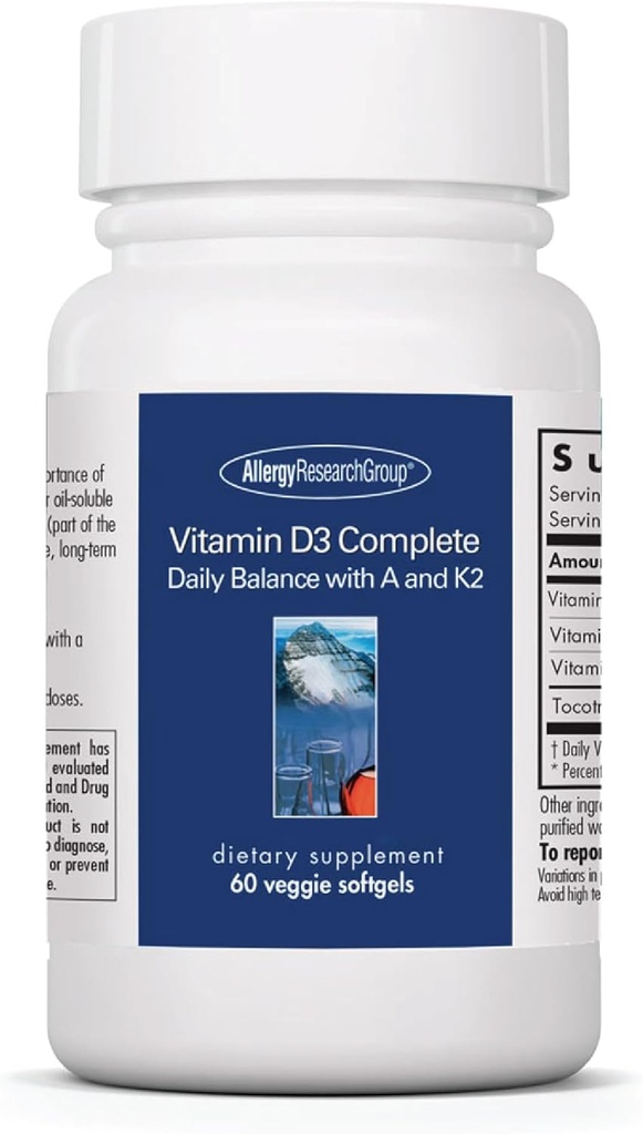 Allergy Research Group Vitamin D3 Complete - Vitamin D3 og K2 Supplement, Daglig balance, med vitamin A, DeltaGold Tocotrienols, High Potency, Veggie Softgels - 60 Greve