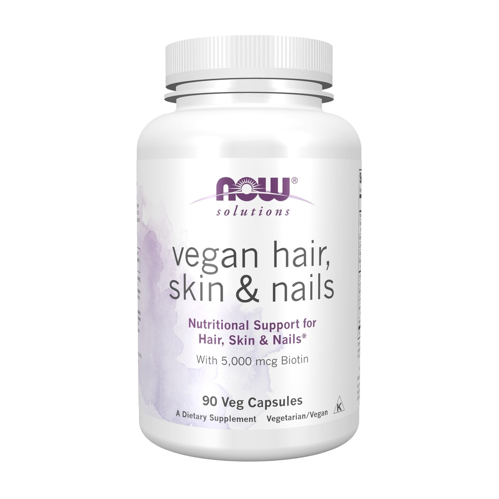 Now Foods Solutions, Vegansk hår, Hud & Nails, Nutritional Support med 5.000 mcg biotin, 90 Veg kapsler