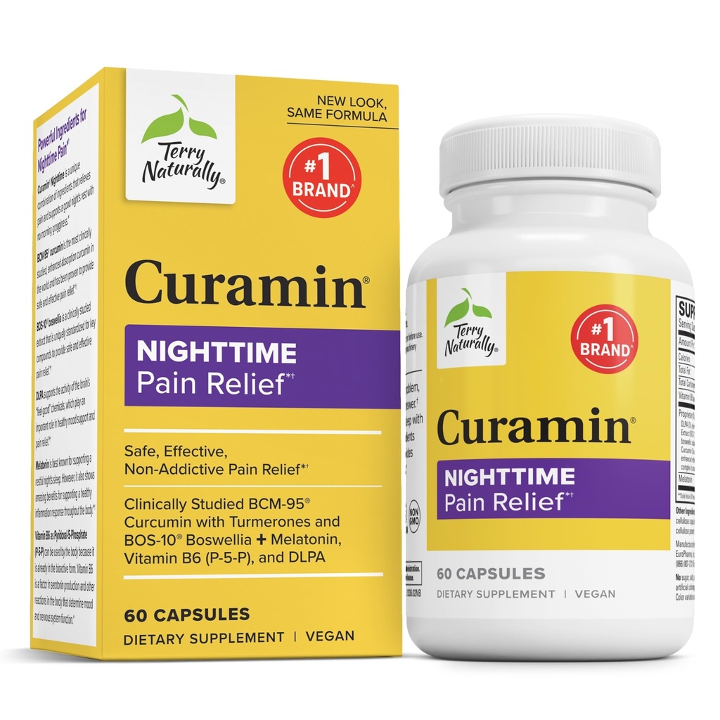 Terry naturligt Curamin Nighttime - Curcumin & DLPA Capsule Supplement - Non- GMO supplement til støtte sund søvn & afslapning - Urte supplement med Melatonin - 60 kapsler