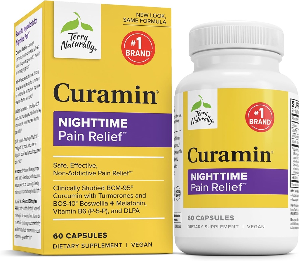 Terry naturligt Curamin Nighttime - Curcumin & DLPA Capsule Supplement - Non- GMO supplement til støtte sund søvn & afslapning - Urte supplement med Melatonin - 60 kapsler