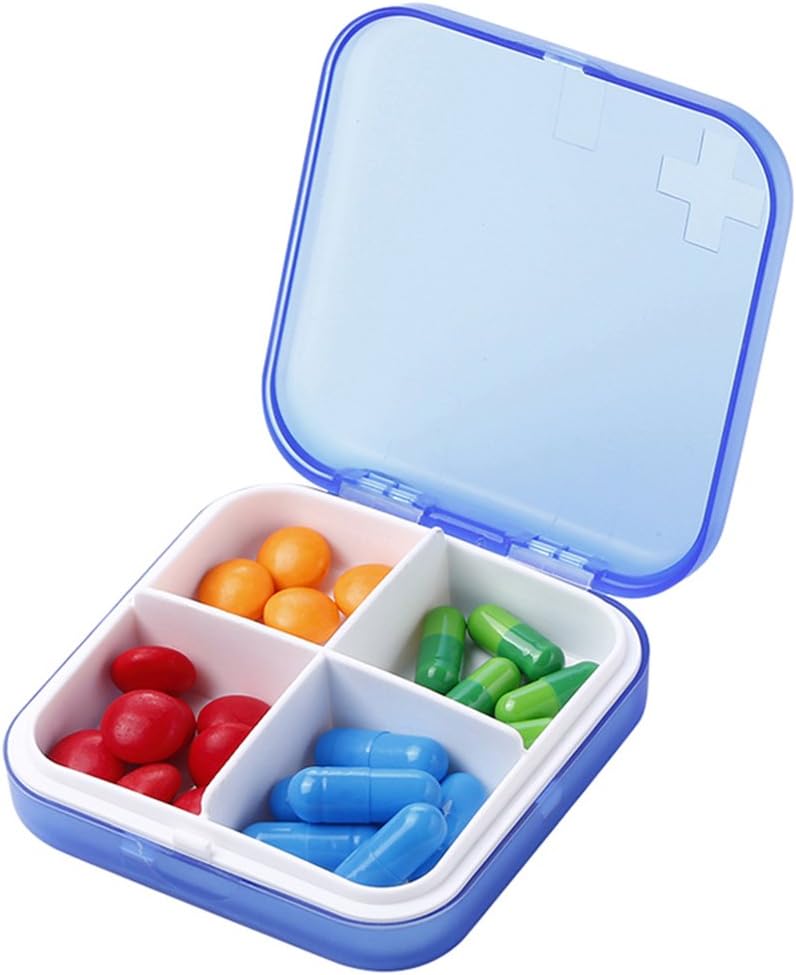 Bærbar Pill Organizer - Slim Pill Box til punge eller rejser, Compact Pill Case (4 Segment, Blå)