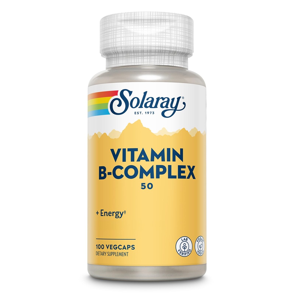 SOLARAY vitamin B Complex 50 mg - Cellular Energy Vitamin - Metabolisme og nerve Health Support med vitamin B12, vitamin B1, B6, Niacin, folinsyre, biotin og andre B Vitamin - Vegan, 100 VegCaps
