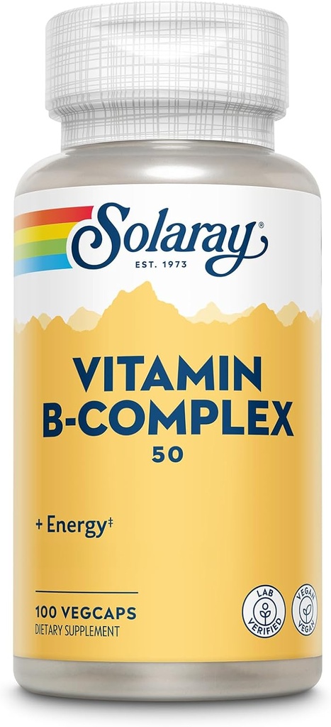 SOLARAY vitamin B Complex 50 mg - Cellular Energy Vitamin - Metabolisme og nerve Health Support med vitamin B12, vitamin B1, B6, Niacin, folinsyre, biotin og andre B Vitamin - Vegan, 100 VegCaps