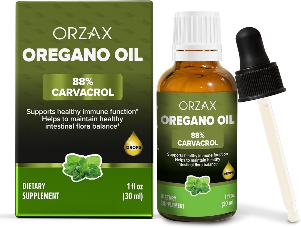 ORZAX Oregano Oil Drops med Olivenolie - 88% Carvacrol og 0,3% Thymol - Non-GMO & sukker- Free & Gluten- Free & Vegan - Urtetilskud til immunforsvar og fordøjelsessygdomme - 30 ml - 200 dages forsyning