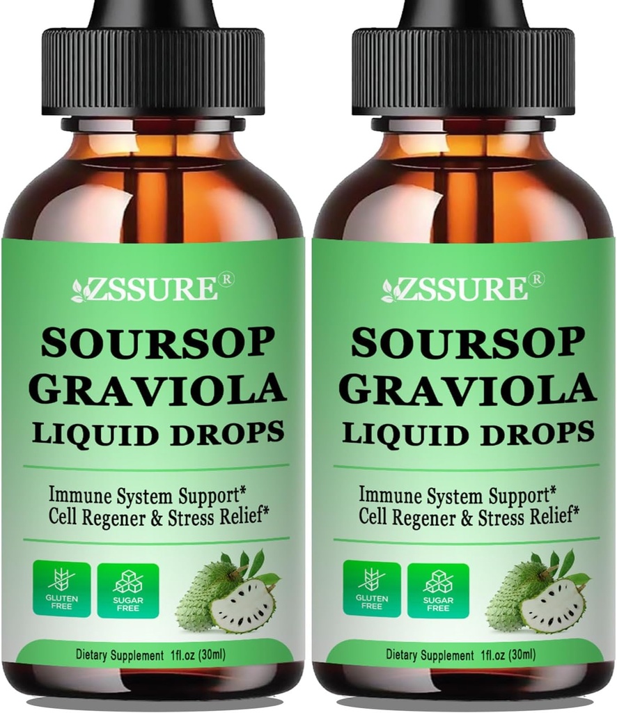 (2 Pack) Soursop Graviola Leaf Liquid Drop Note 124; Soursop Bitters Liquid w / Sea Moss, C-vitamin & kanel til Cell Support & Regeneration, Immunitet, Lever, Zzz & Antioxidant