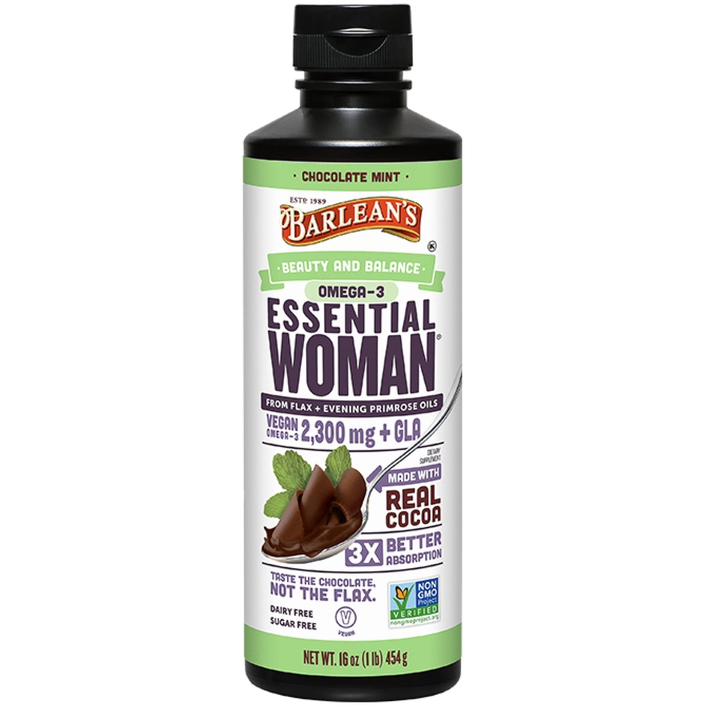Barlean 's Essential Woman Chocolate Mint Liquid Supplement fra Flaxseed, Aften Primrose Oil & Soy Isoflavoner, Omega 3 6 9 og GLA, Hormonal Balance & Sund Hår og Hud, 16 oz