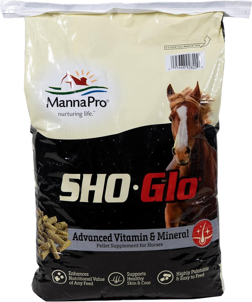 Sho- Glo Horse Vitamin & Mineral Supplement - Manna Pro - Komplet daglige hestekompleks for sund hud, Coat & Hooves - Forstærket med antioxidanter, Aminosyrer & essentielle næringsstoffer - 25 LB taske