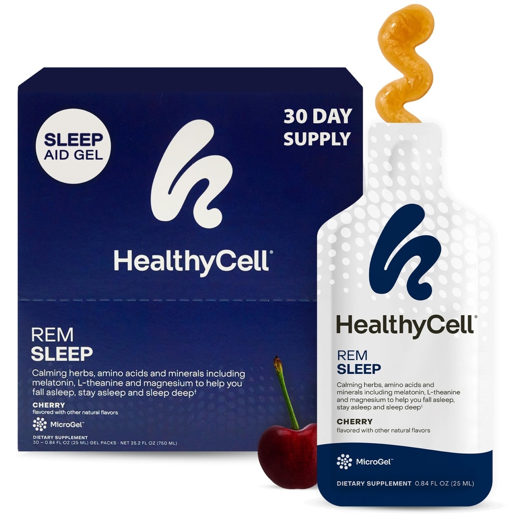 Healthycell REM Sleep Support for voksne - Flydende gel ekstra styrke søvn supplement med Melatonin, Magnesium, L- Theanin, GABA & Natural Calming Herbs - 30 Gel pakker, Cherry Flavored