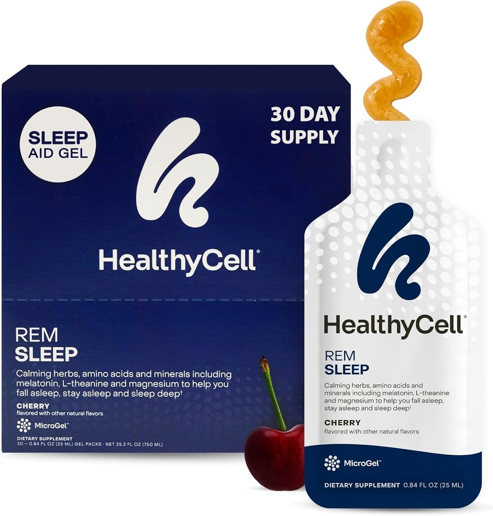 Healthycell REM Sleep Support for voksne - Flydende gel ekstra styrke søvn supplement med Melatonin, Magnesium, L- Theanin, GABA & Natural Calming Herbs - 30 Gel pakker, Cherry Flavored