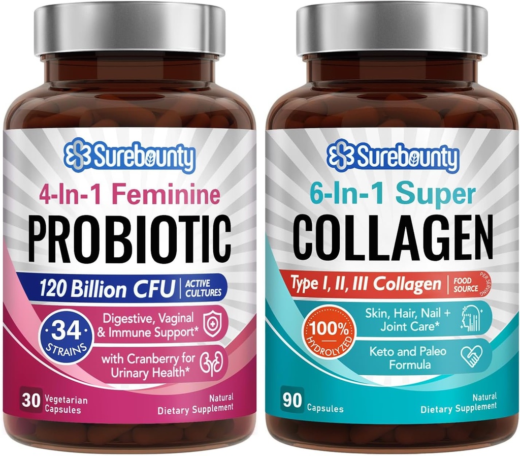 Probiotisk + Collagen Bundle, 4-in-1 Feminin Probiotisk (30ct) & 6-in-1 Super Collagen (90ct), 2 pakker, Tranebær, fordøjelsesfremmende og sund aldring Support, non-GMO