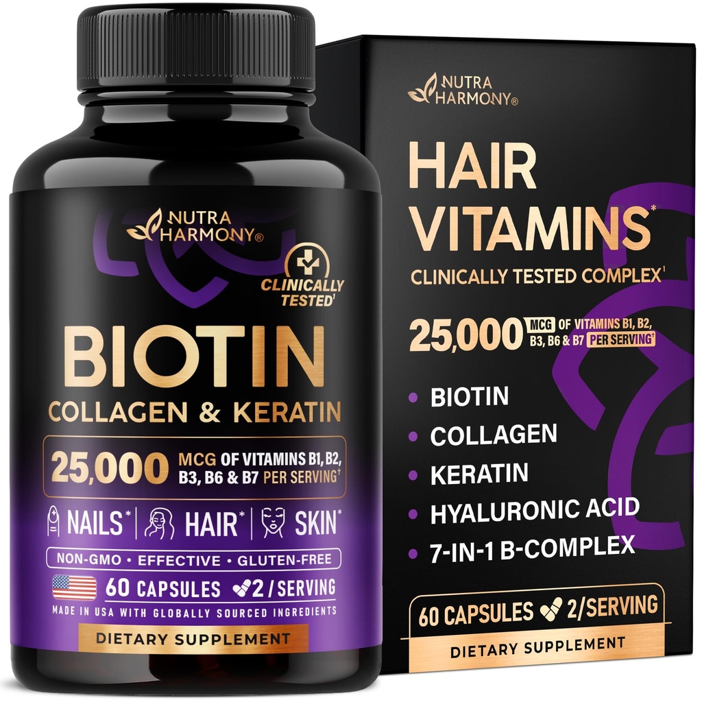 NETRAHARMONY Biotinstof 124; kollagen MEP 124; Hyaluronsyre MEP 124; Keratin - Support Normal Hair Growth Cycle - Hud & Nails - 25000mcg Vitamin B1, B2, B3, B6 & B7 - for kvinder & mænd - Lavet i USA MEP 124; 60 kapsler