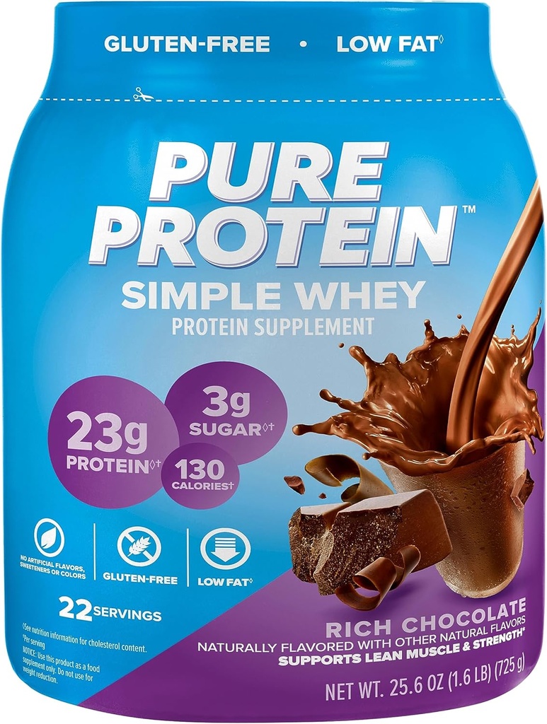 Pure Protein Simple Whey Protein Powder, Gluten Free, 23G Protein, Rich Chocolate, 1,6lbs