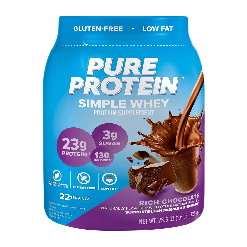 Pure Protein Simple Whey Protein Powder, Gluten Free, 23G Protein, Rich Chocolate, 1,6lbs