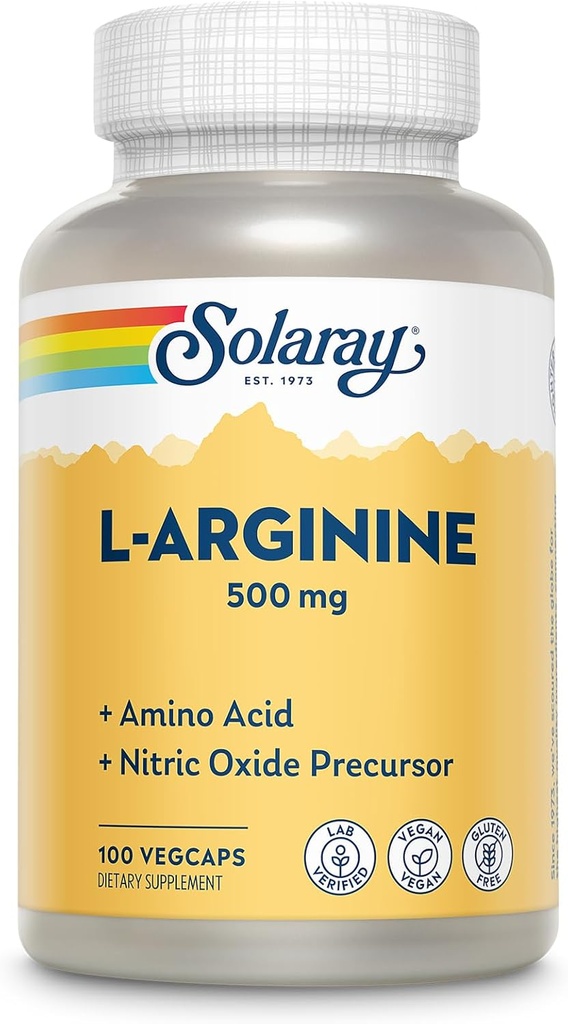 SOLARAY L- Arginin 500 mg, nitrogenoxid tillæg, Endurance, Energy, Heart Health Support, 100 Servere, 100 VegCaps