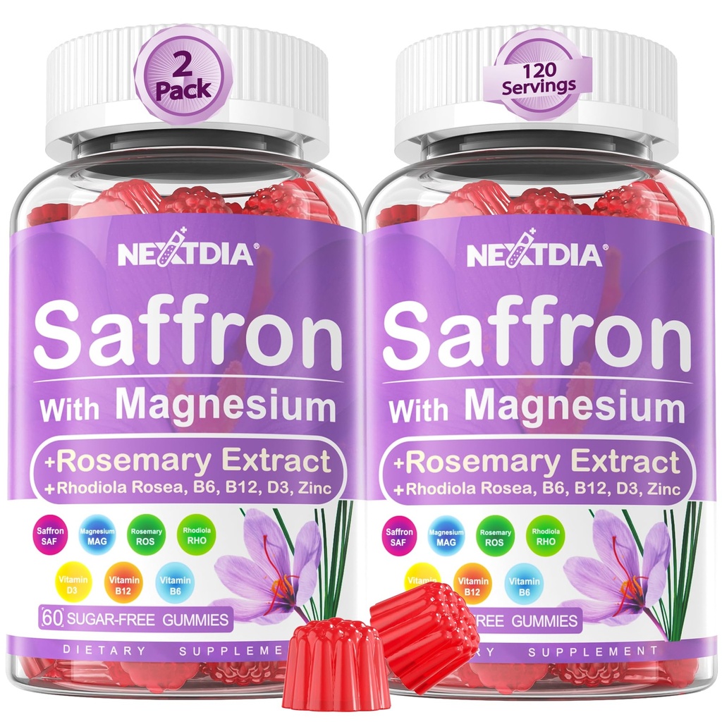 Saffron Supplements Gummies - 4 Months Supply - Saffron Extract 177mg 88.5mg, w / Magnesium Glycinate 400mg 200mg, Rhodiola Rosea, Rosemary, B6 B12 D3 for ro, nerve, hvile, fokus, sukkerfri, 2 Pack