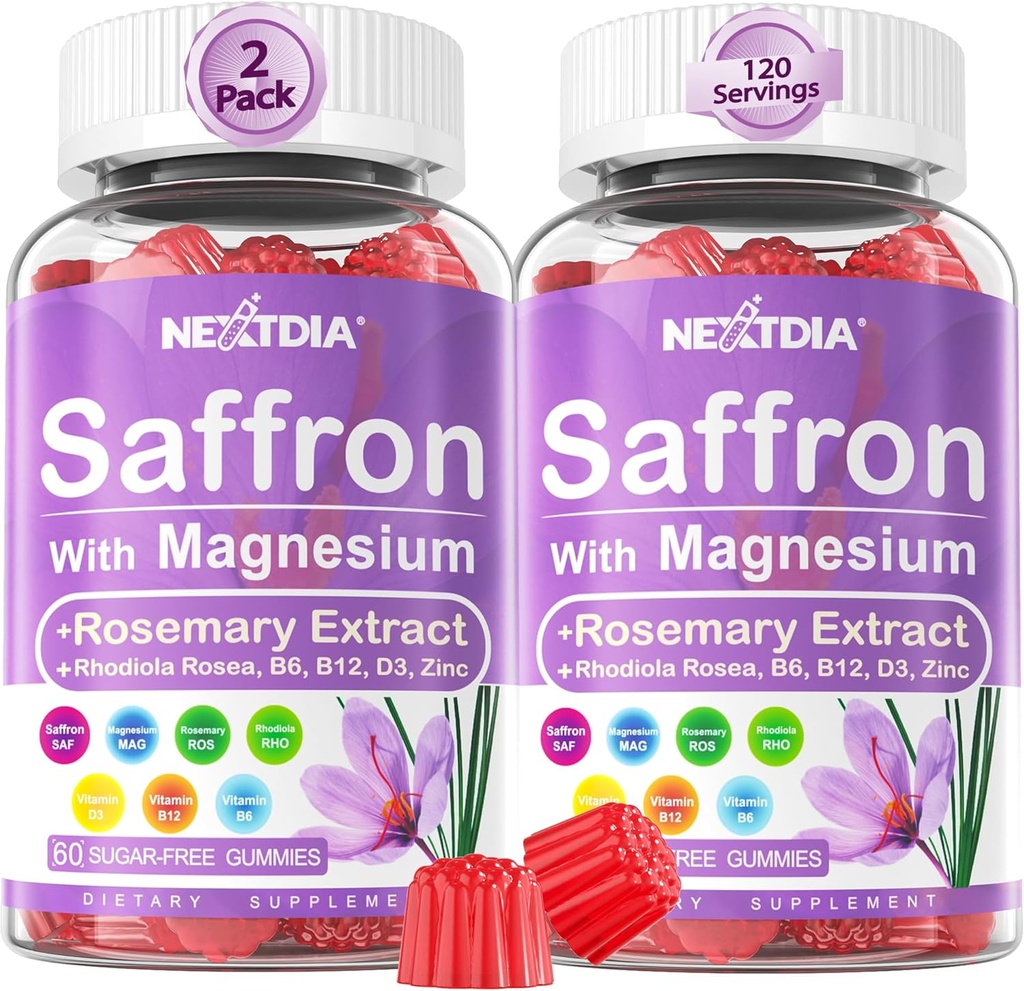 Saffron Supplements Gummies - 4 Months Supply - Saffron Extract 177mg 88.5mg, w / Magnesium Glycinate 400mg 200mg, Rhodiola Rosea, Rosemary, B6 B12 D3 for ro, nerve, hvile, fokus, sukkerfri, 2 Pack