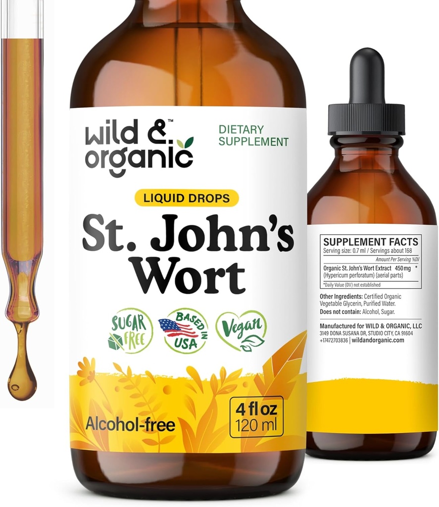 Wild & Organic St Johns Wort Tinktur - Mood Support - Calming St John 's Wort Supplement - Hypericum Perforatum Herbal Liquid Drops - Vegan, Sukker & Alkohol Free - 4 fl oz