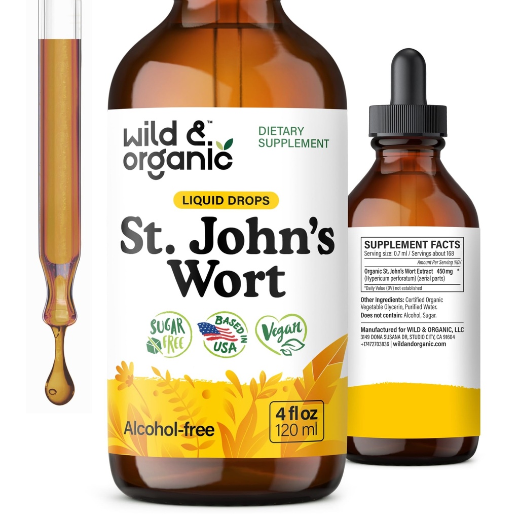 Wild & Organic St Johns Wort Tinktur - Mood Support - Calming St John 's Wort Supplement - Hypericum Perforatum Herbal Liquid Drops - Vegan, Sukker & Alkohol Free - 4 fl oz