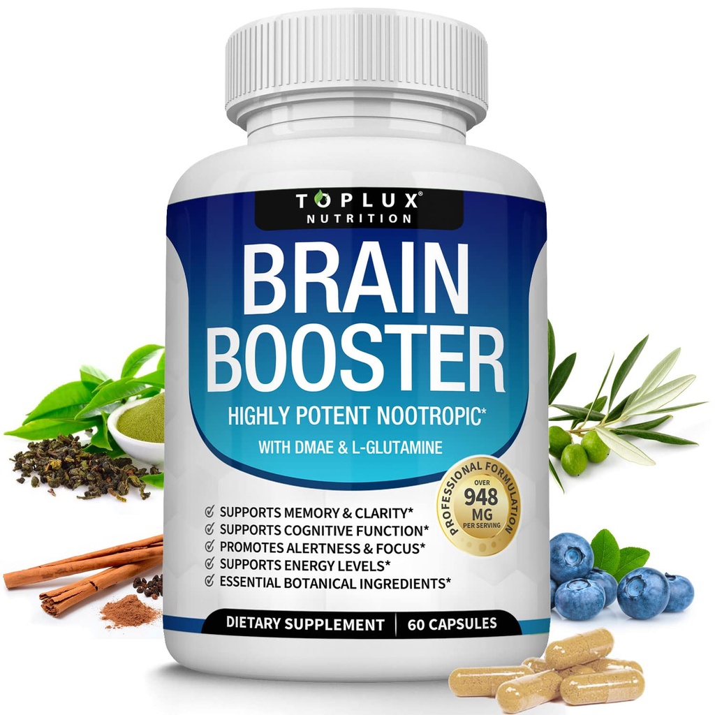 Toplux Brain Supplement Nootrop - Brain Pills Vitamin med DMAE, Bacopa Monnieri, L- Gutamin, for Mænd Kvinder, 60 Kapsler, Nutrition