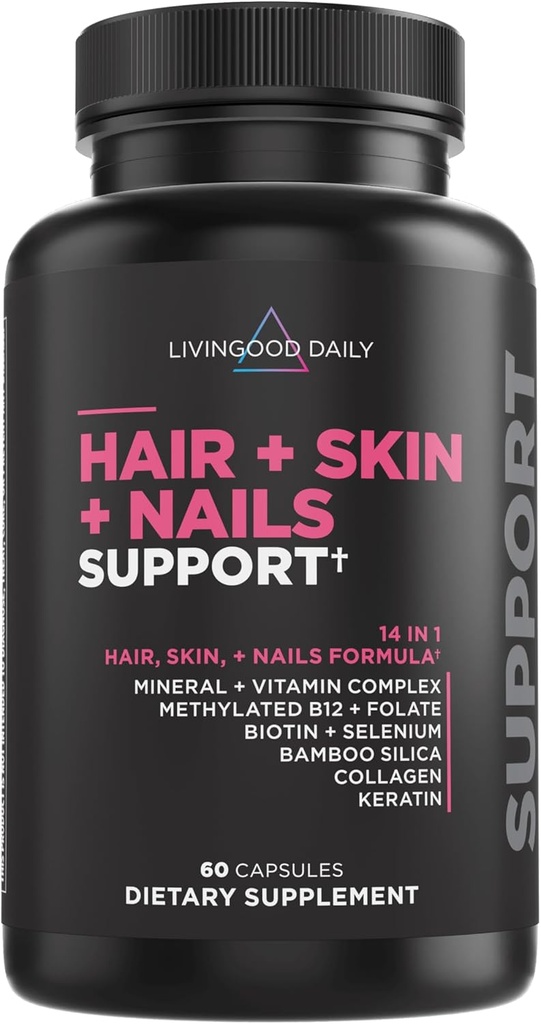 Livingood Daily Hår, Hud & Nails Supplement, 14-in-1 Formel med Biotin, Collagen, Keratin, Bambus, Selenium, Folate, B12, Zink og mere, Skønhed Supplement for kvinder & mænd, Gluten Free, 60 Kapsler