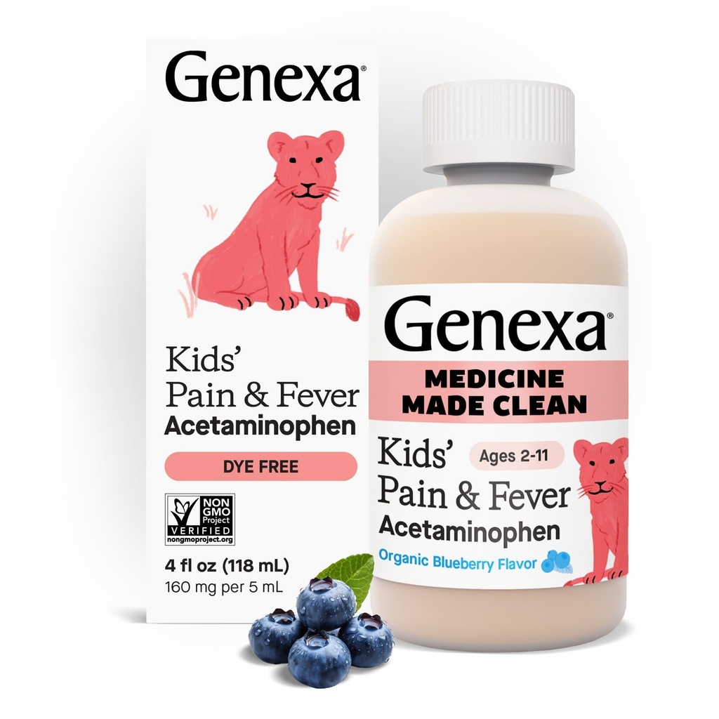 Genexa Children 's Clean Acetaminophen Mea124; Pediatrician Foretrukne Ingredienser Mea 124; Pain & Fever Reducer for Kids Measures 124; Dye Free, 0% Kunstige Additiver Measures 124; Age 2- 11, Delicious Organic Blueberry Liquid, 4 fl oz