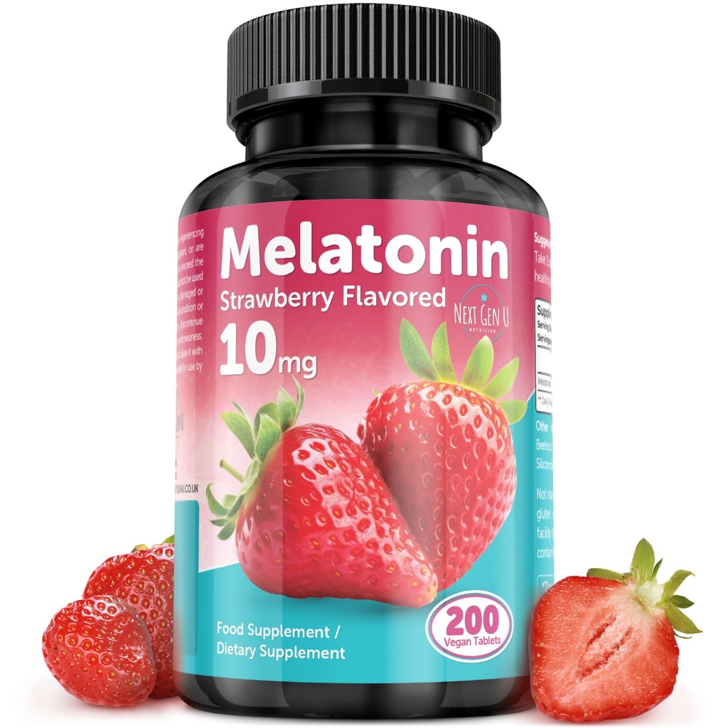 Melatonin Tablets - 10 mg Kosttilskud - Strawberry Flavored - 200 Vegan Tablets - by NextGenU