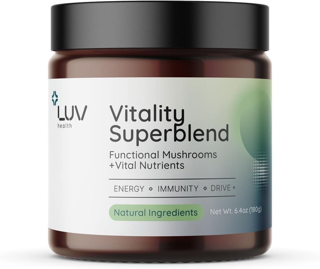 LUV sundhed Vitality Supermix: Svampe supplement - Superfood pulver med Cacao, Lions Mane, Cordyceps, Reishi, grøn te, og gurkemeje - Energi, Focus & Daily Wellness Support Vegan, 30 Servere