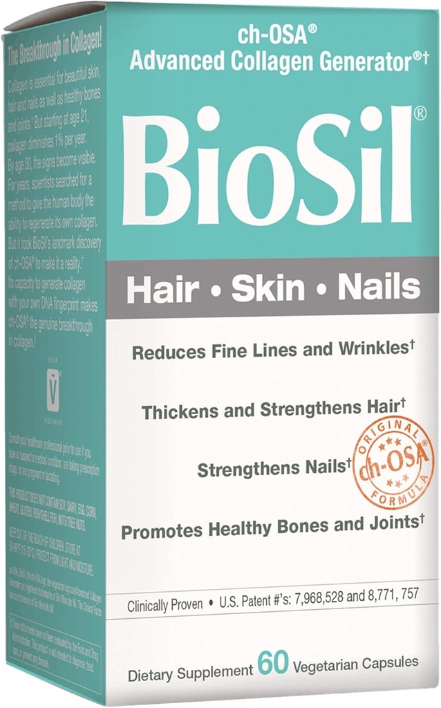 BioSil af naturlige faktorer, hår, hud, negle, understøtter sund vækst og styrke, Vegan Collagen, Elastin og Keratin Generator, 60 kapsler
