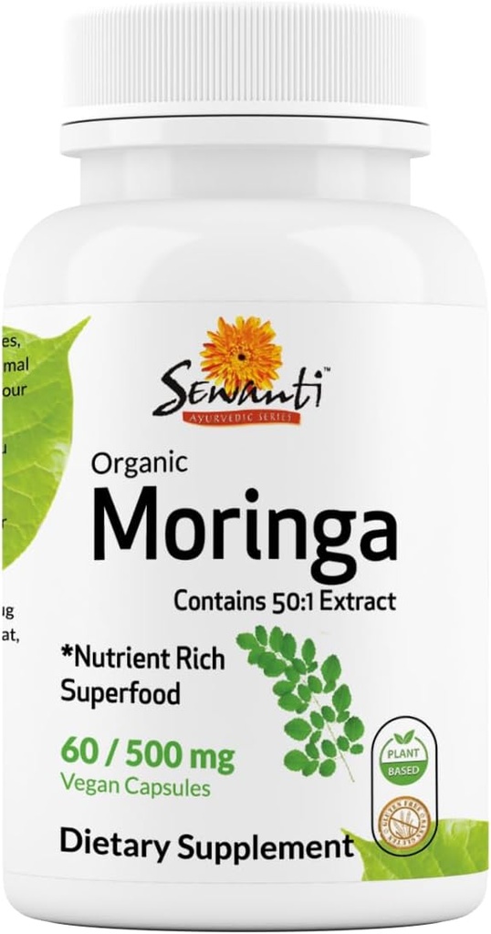 Sewanti Organic Moringa Capsules High Potency - Immune System and Energy Booster - Natural Superfood for Vitality and Detoxification support 60 Capsules 500mg