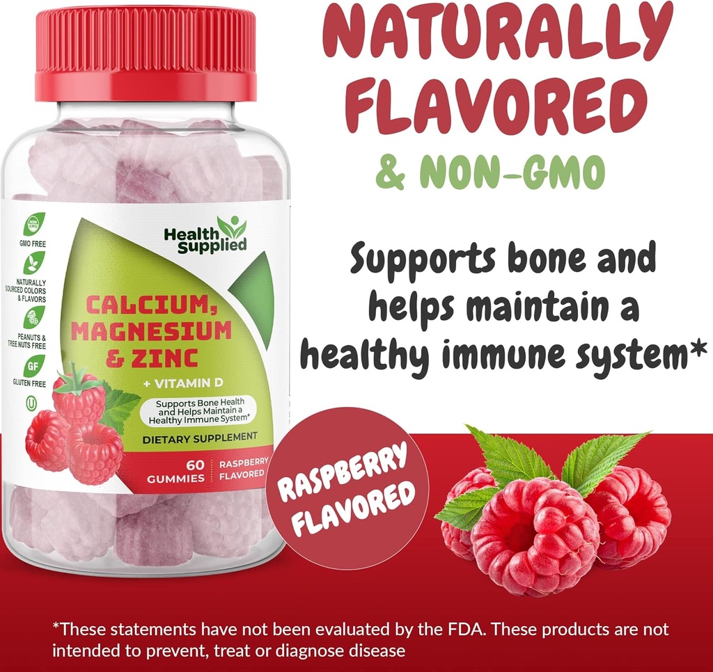 Calcium Magnesium & Zink + D-vitamin Gummier • 124; Knoglehelbred • Immunenergi og muskelfunktion • 124; Daglig kost • Vitamin Supplement • 124; For voksne, Teens • 124; Frugt Raspberry Flavor