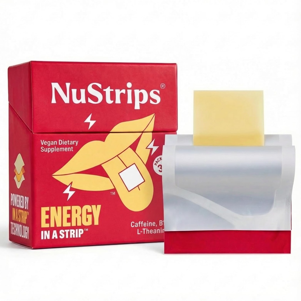 NuStrips ™ Fast- Opløsning Energistrips med 50mg koffein, L- Theanine & Vitamin B12 - Instant Energy & Focus uden Jitters eller Crash - Arbejder hurtigere end kaffe - Lindrende kanel (30 Pack)