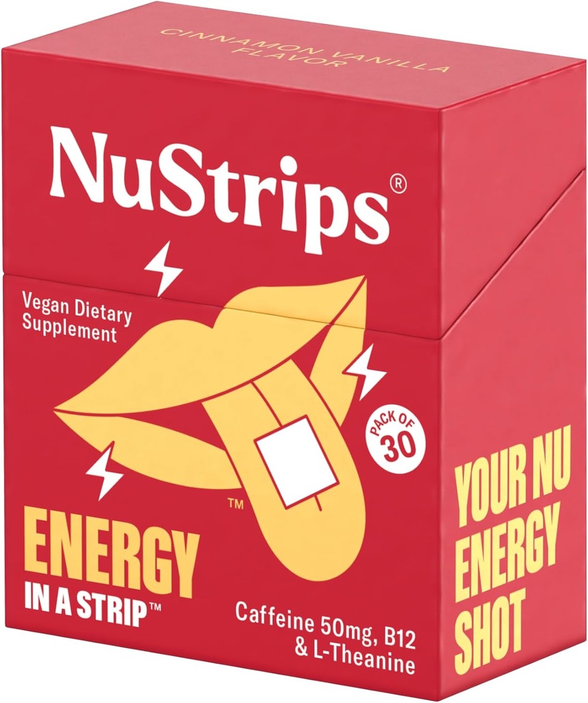 NuStrips ™ Fast- Opløsning Energistrips med 50mg koffein, L- Theanine & Vitamin B12 - Instant Energy & Focus uden Jitters eller Crash - Arbejder hurtigere end kaffe - Lindrende kanel (30 Pack)