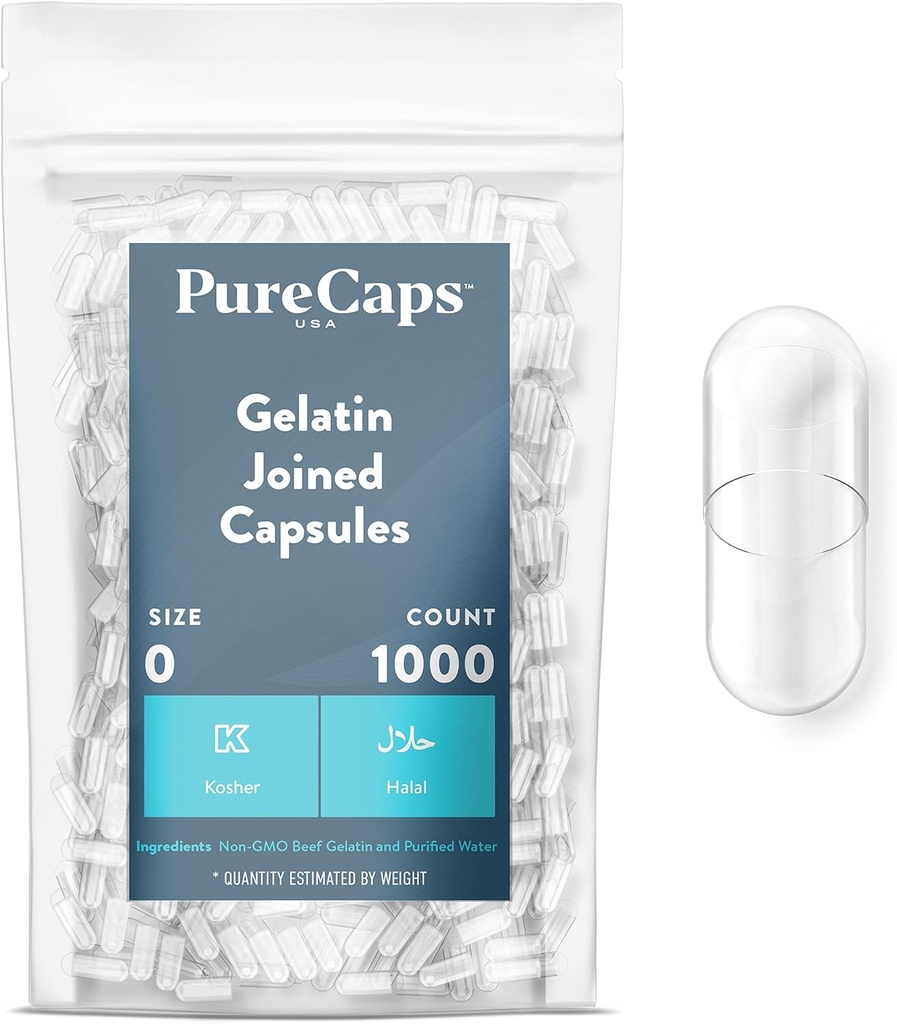 PureCaps USA - Tomme Gelatine kapsler Størrelse 0; 124; 1.000 forenede pills - 124; Clear - 124; Non- GMO Certified - 124; SLS, Gluten, Konserveringsfri