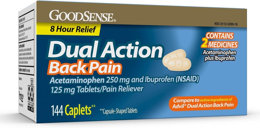 GoodSense Dual Action Acetaminophen and Ibuprofen (NSAID) Tablets, 250 mg / 125 mg, Rygsmerter, 144 Count