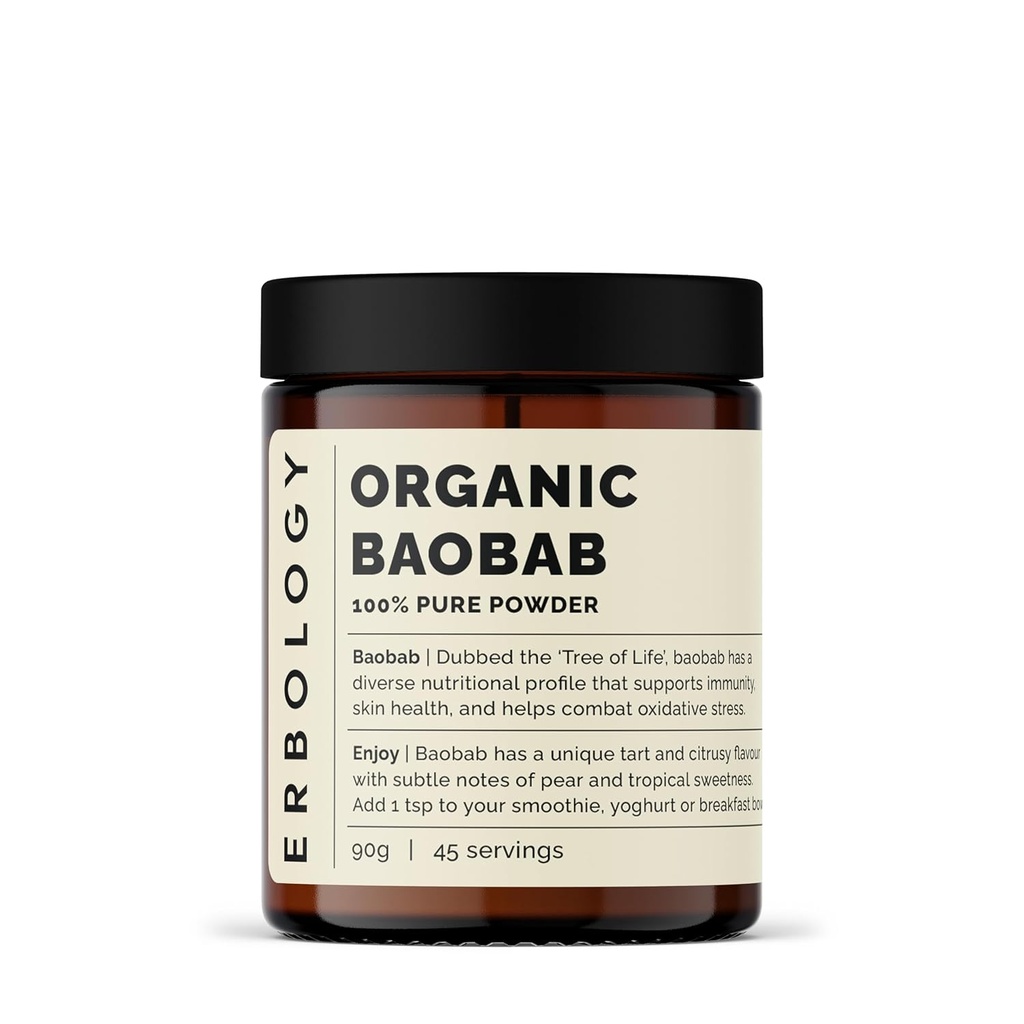 Erbologi Organic Baobab Powder 3.2 oz - 45 Servering - Hud Sundhed og Immunitet Support - Rig i C-vitamin, B-vitaminer og polyphenoler - bæredygtigt sourced straight fra Farm - Vegan - GMO- Free
