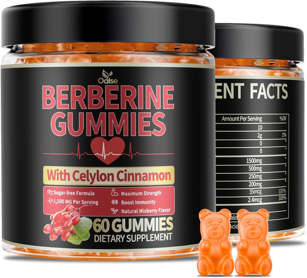 Berberine GLP-1 Gummies med Berberine HCI, Milk Thistle, Ceylon Cinnamon, Pluschro m til mænd og kvinder, Energy Boost, Body Support, Sugar Free (60 CT, 1 Pack)