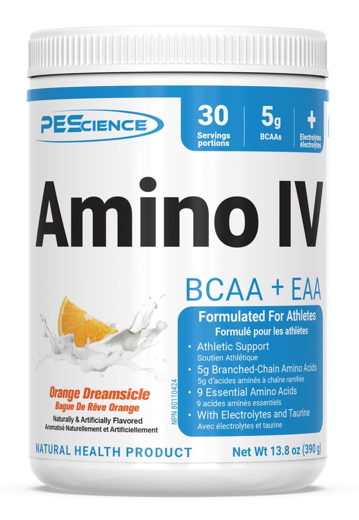 PEScience Amino IV BCAA & EAA Powder, Essential Aminosyrer, Taurine, Elektrolytter til hydrering og muskel Inddrivelse, Sukker fri for mænd og kvinder, Post workout - Orange Dreamsicle - 30 Servere