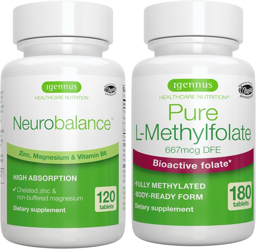 Neurobalance Zink, Magnesium & vitamin B6 + Pure Folate 400mcg Vegan Bundle, Chelated Zink Picolinate 24mg, Oxid- Free Magnesium & Vitamin B6 + Optimeret L- methylfolat, af Igennus