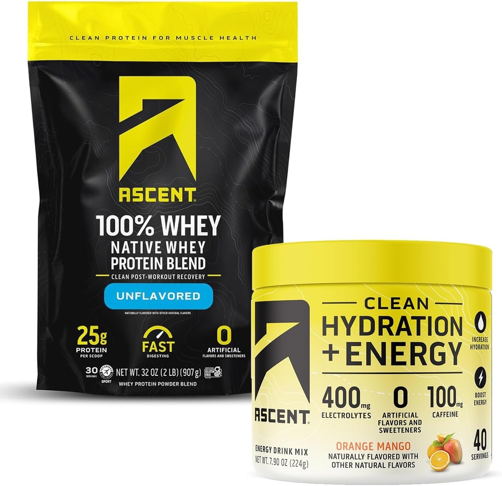 Ascent 100% Whey Protein Powder, Unflavored 2 lb & Hydration + Energy Electrolytes, Orange Mango 40 Servings