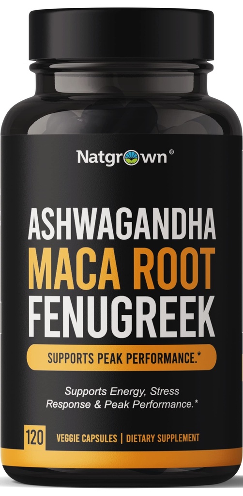 Natgrown Ashwagandha Maca Root Fenugreek Extract Kapsler Supplement for mænd og kvinder - Vegan piller - (120 Greve)