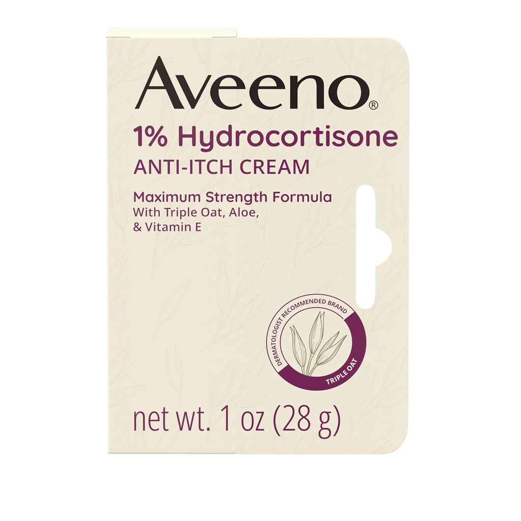 Aveeno Maximum Strength 1% Hydrocortisone Anti-Itch Cream, Aloe & Vitamin E For Itch Relief From Eczema, Psoriasis, Insect Bites, Poison Ivy, Oak & Sumac & Detergents, 1 oz