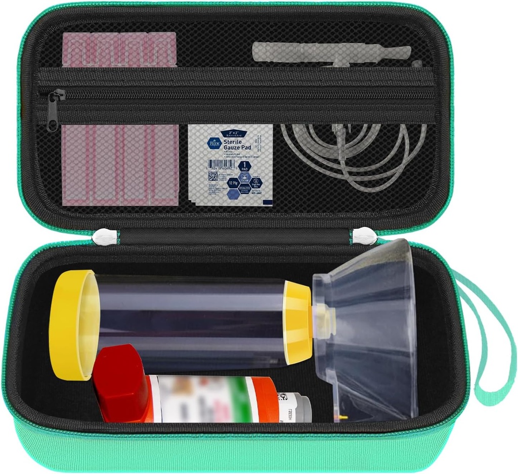Hård rejse sag for Astma Inhaler, Inhaler Spacer sag for børn og voksne, Masker, Astma tilbehør med Mesh Pocket til medicin og andet tilbehør, Grøn (CASE KUN)